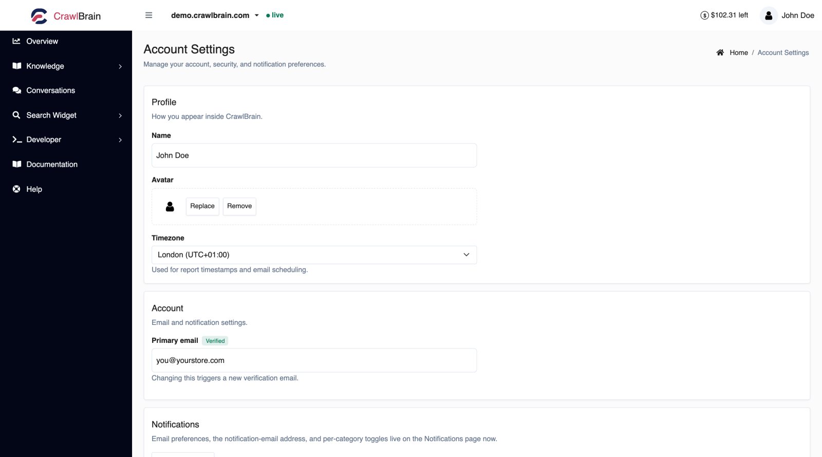 The Account Settings screen