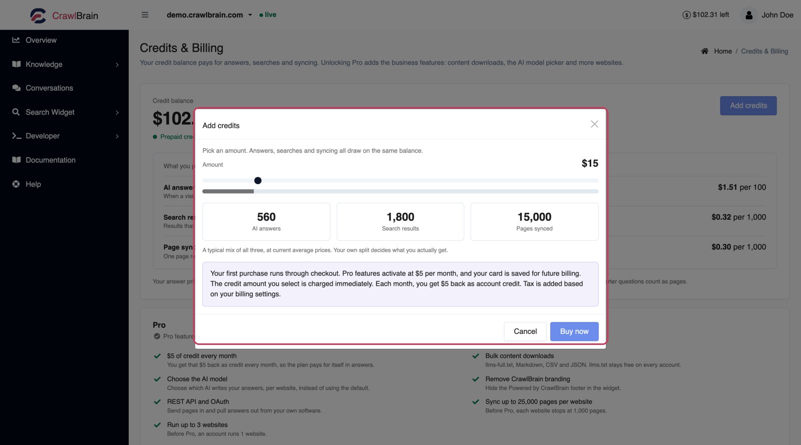 Choosing how much credit to add