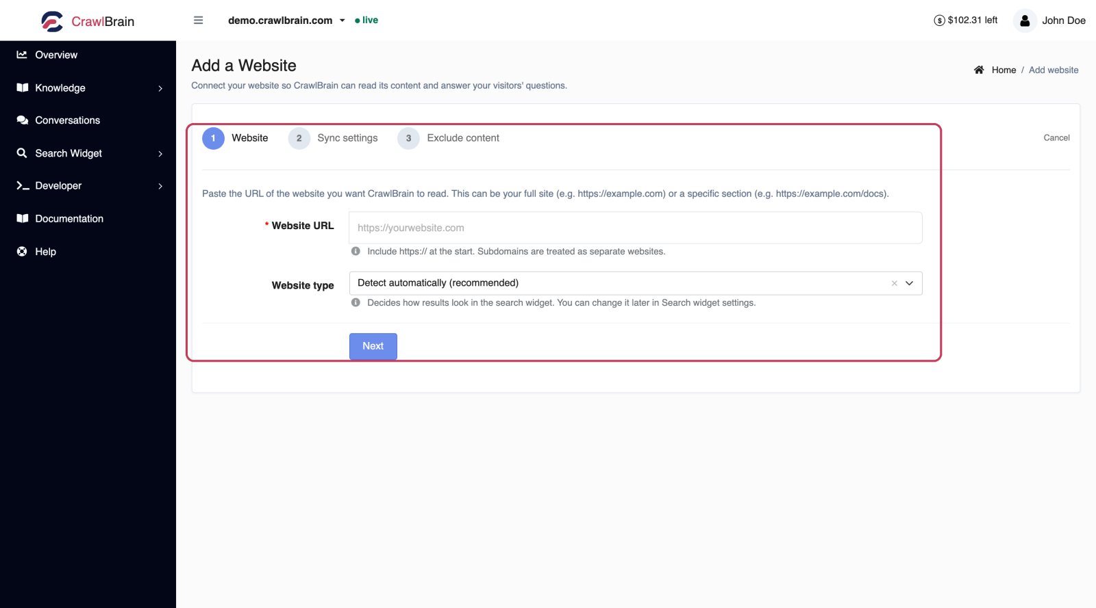Step 1 of the add-website wizard