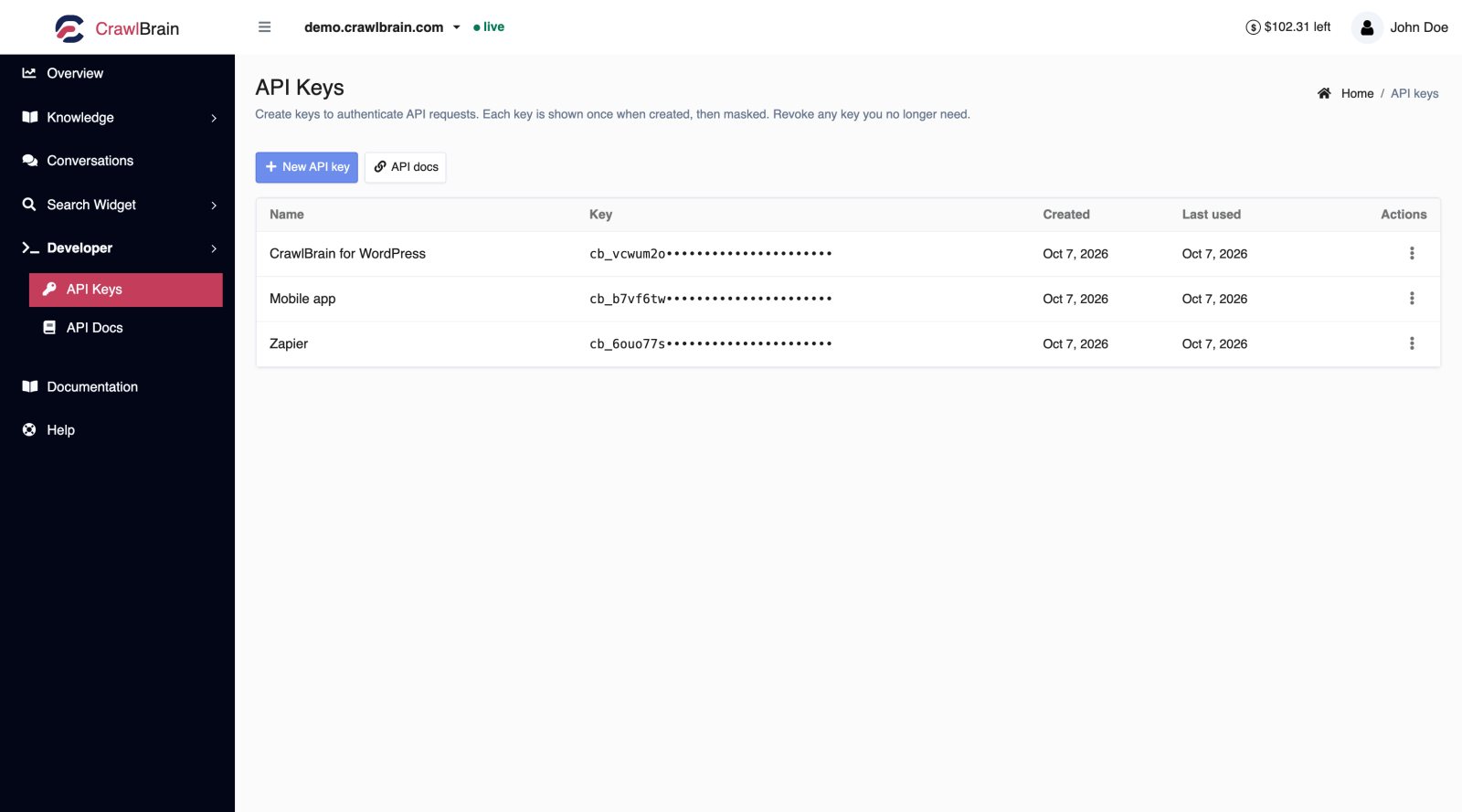 The API Keys screen