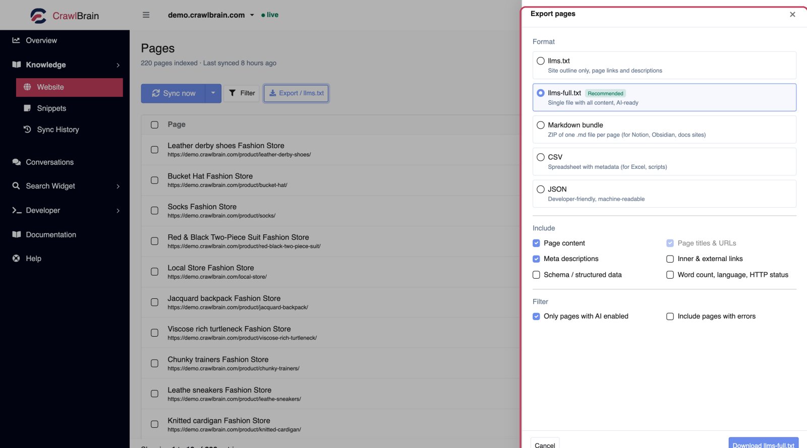 The export dialog