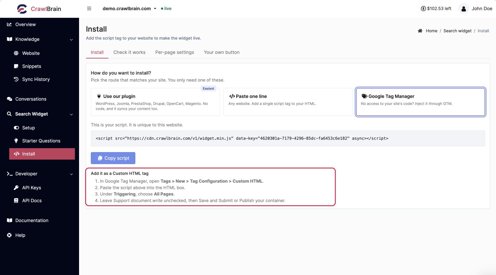 The Google Tag Manager route on the Install page