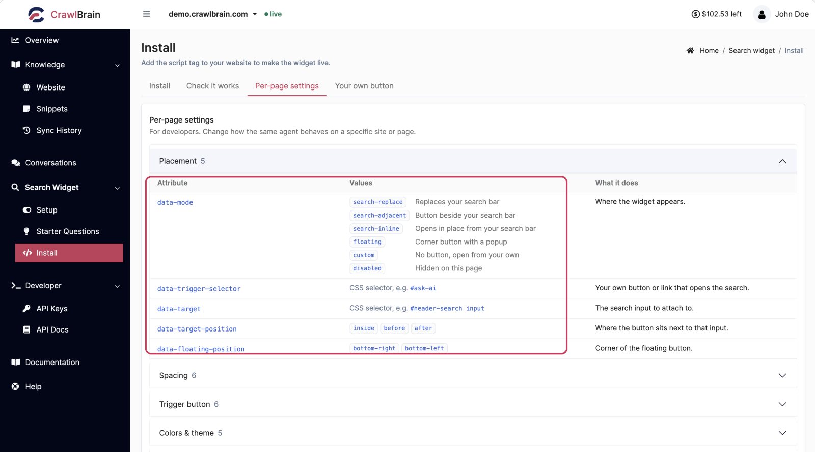 The Per-page settings tab
