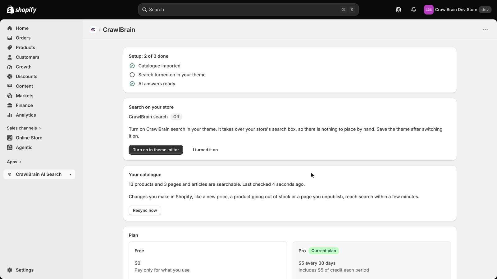 The CrawlBrain app in Shopify admin