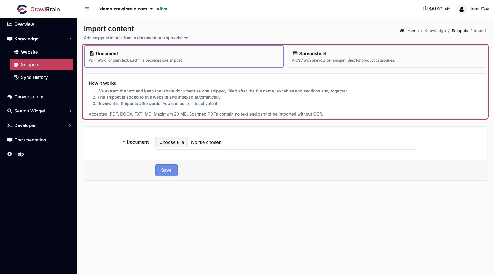 The import screen