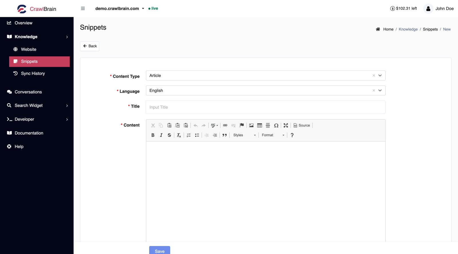 The snippet editor