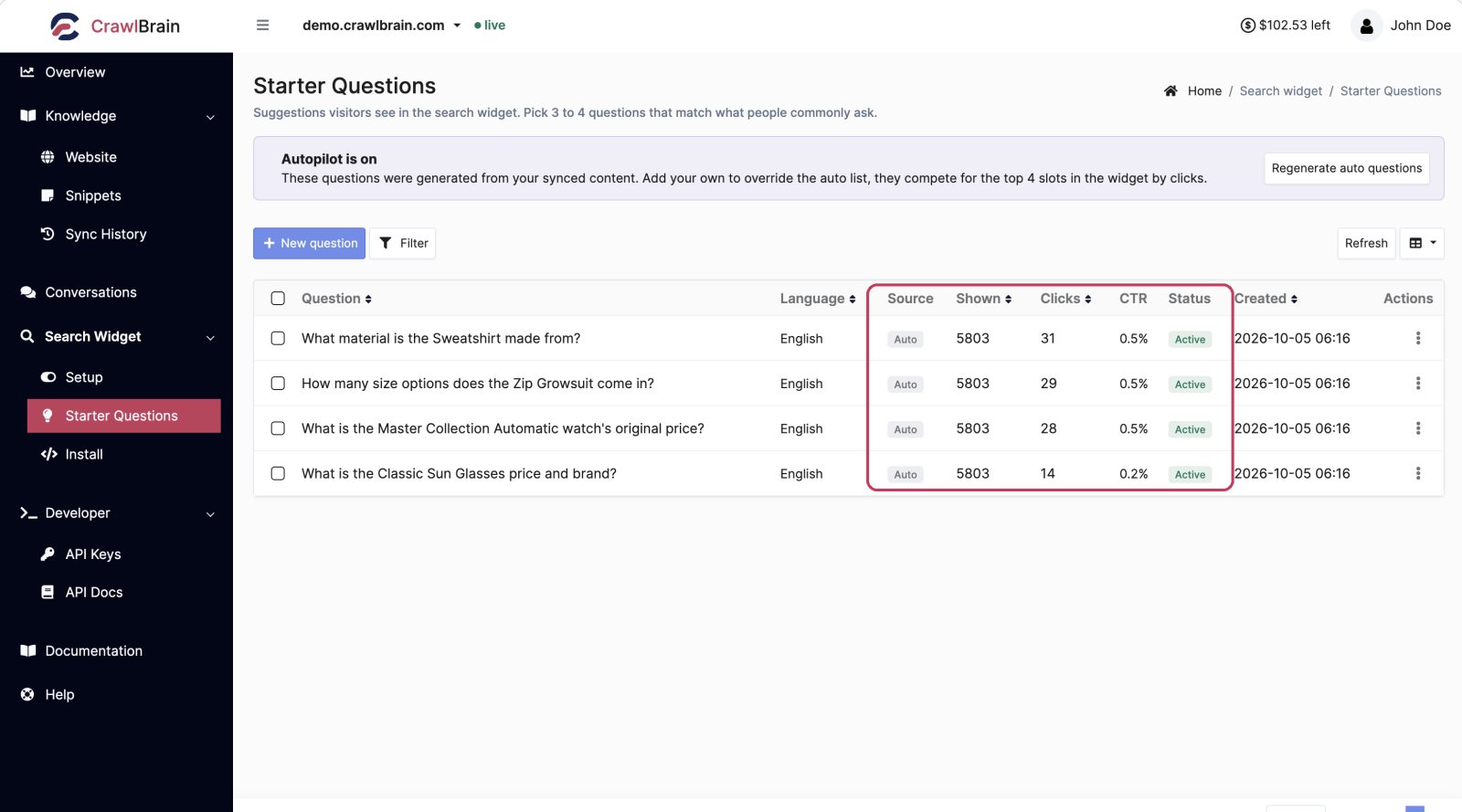 The Starter Questions screen