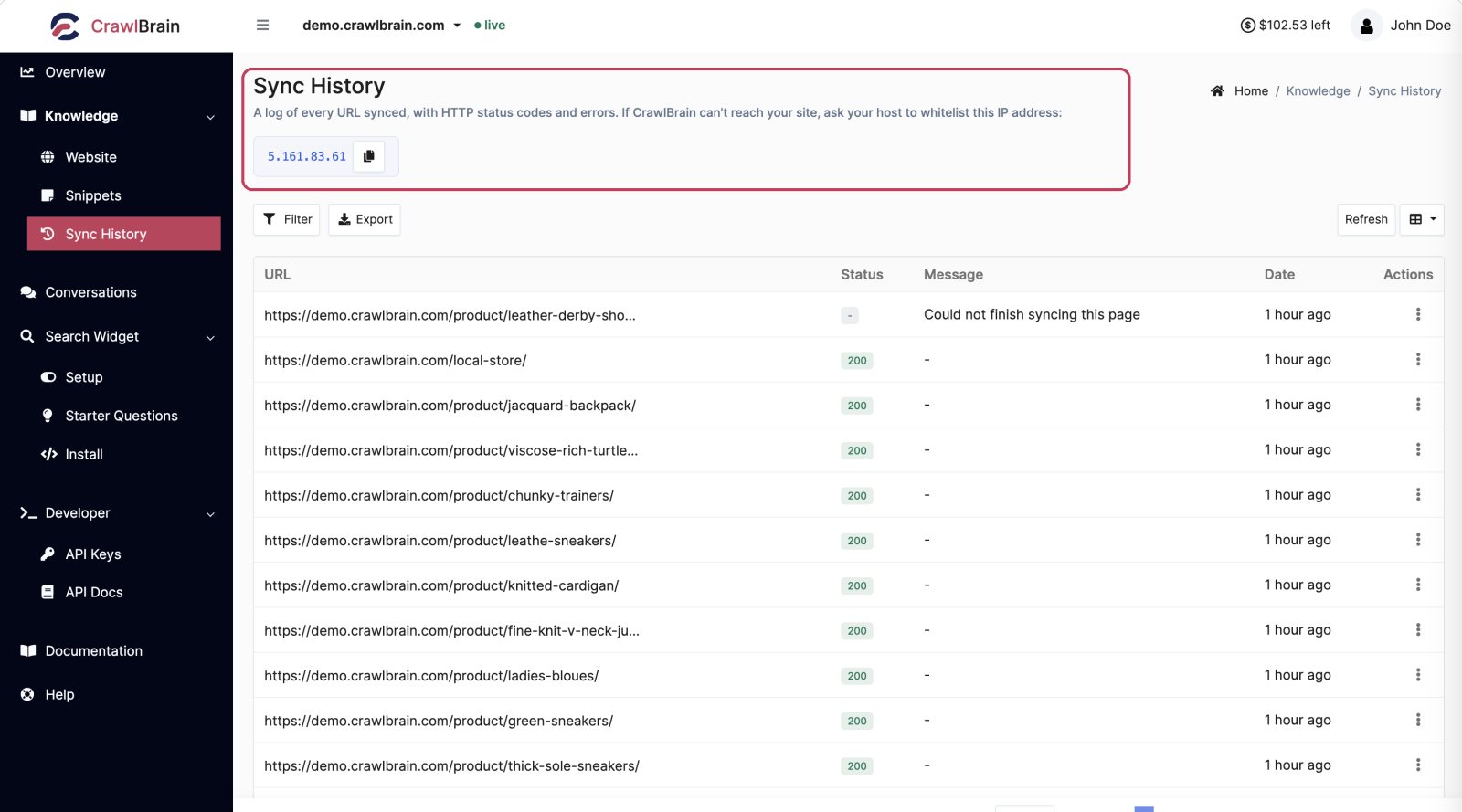 The Sync History log