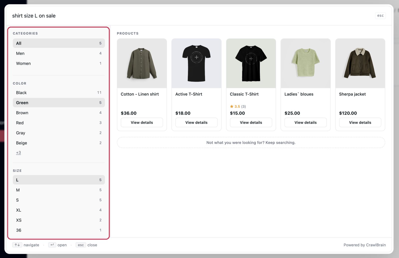 Product results filtered by color and size
