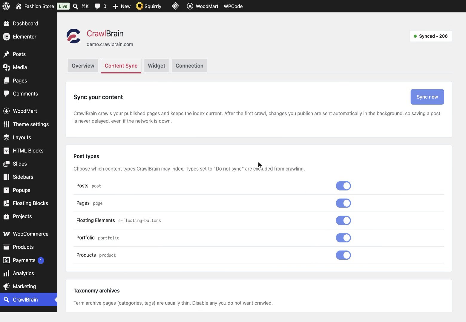 The Content Sync tab