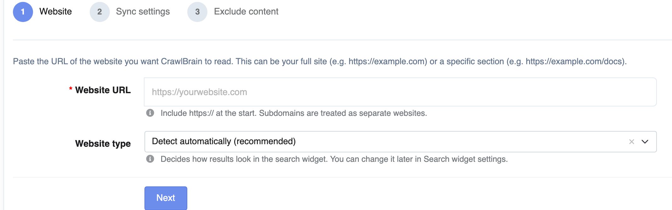 Zoomed in: the three steps, the URL and the website type