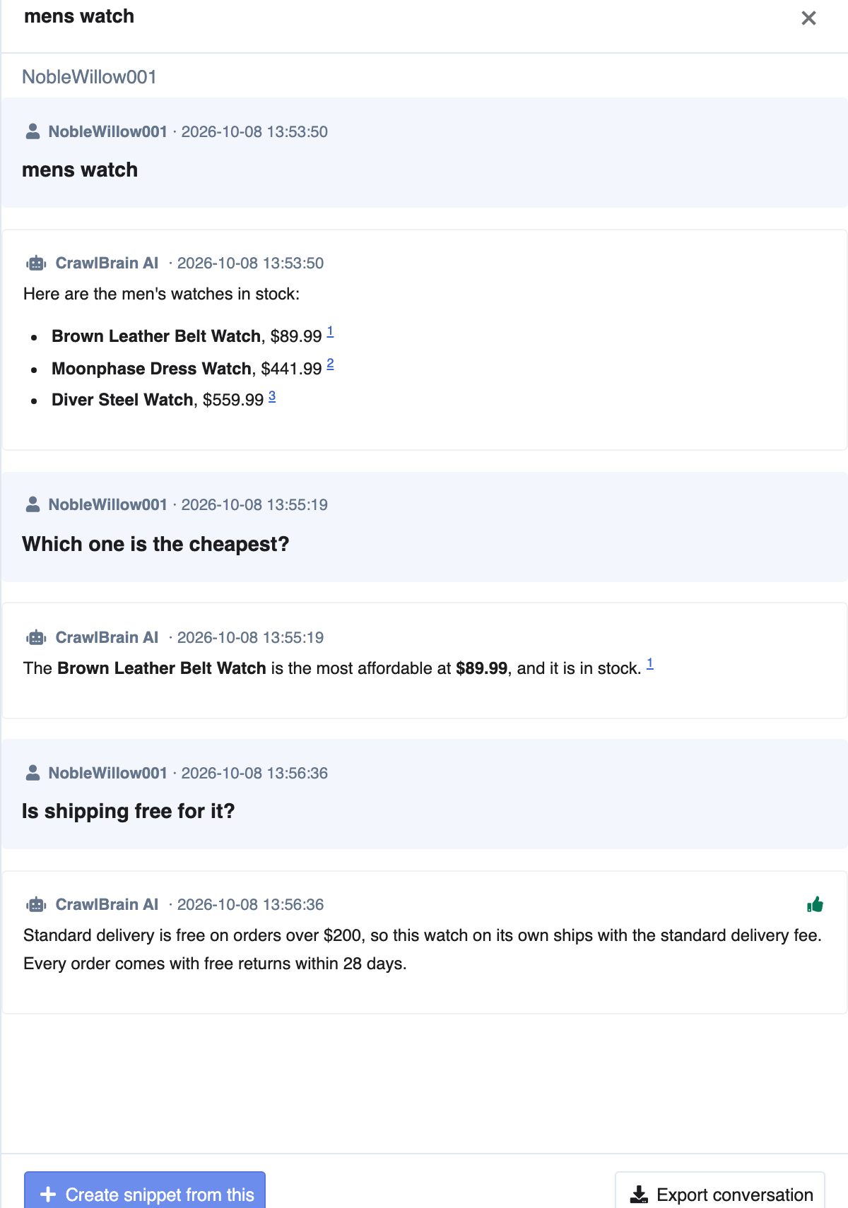 Zoomed in: the thread, with the answer's citations and the visitor's thumbs up