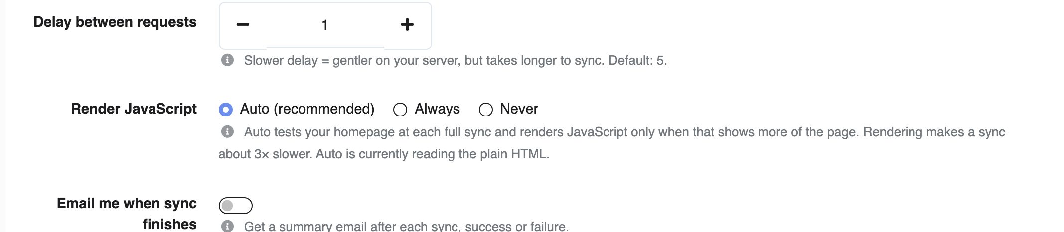 Zoomed in: crawl speed, Render JavaScript and the sync email