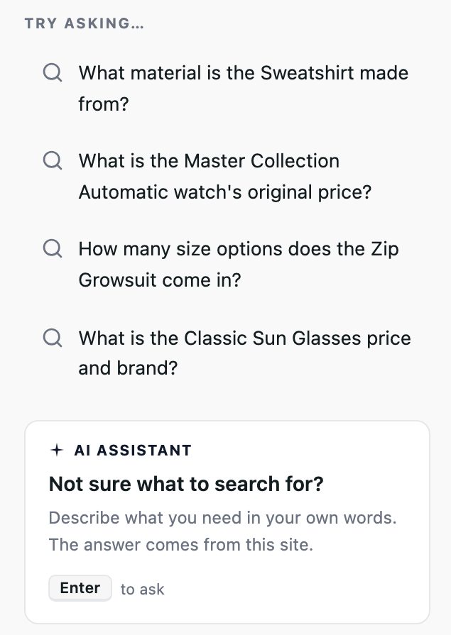 Zoomed in: the starter questions and the AI assistant card