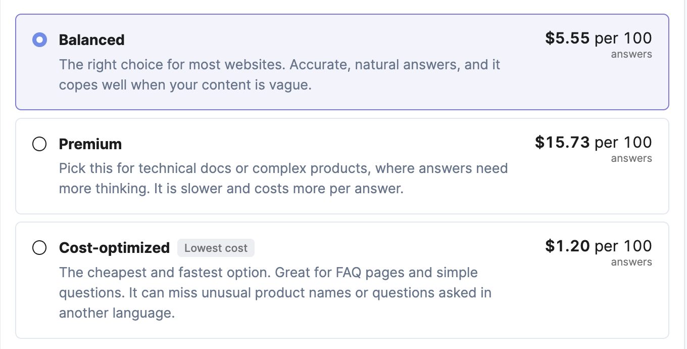 Zoomed in: the three tiers with their price per 100 answers