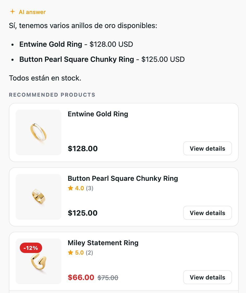 Zoomed in: the answer in Spanish, with the products it recommends